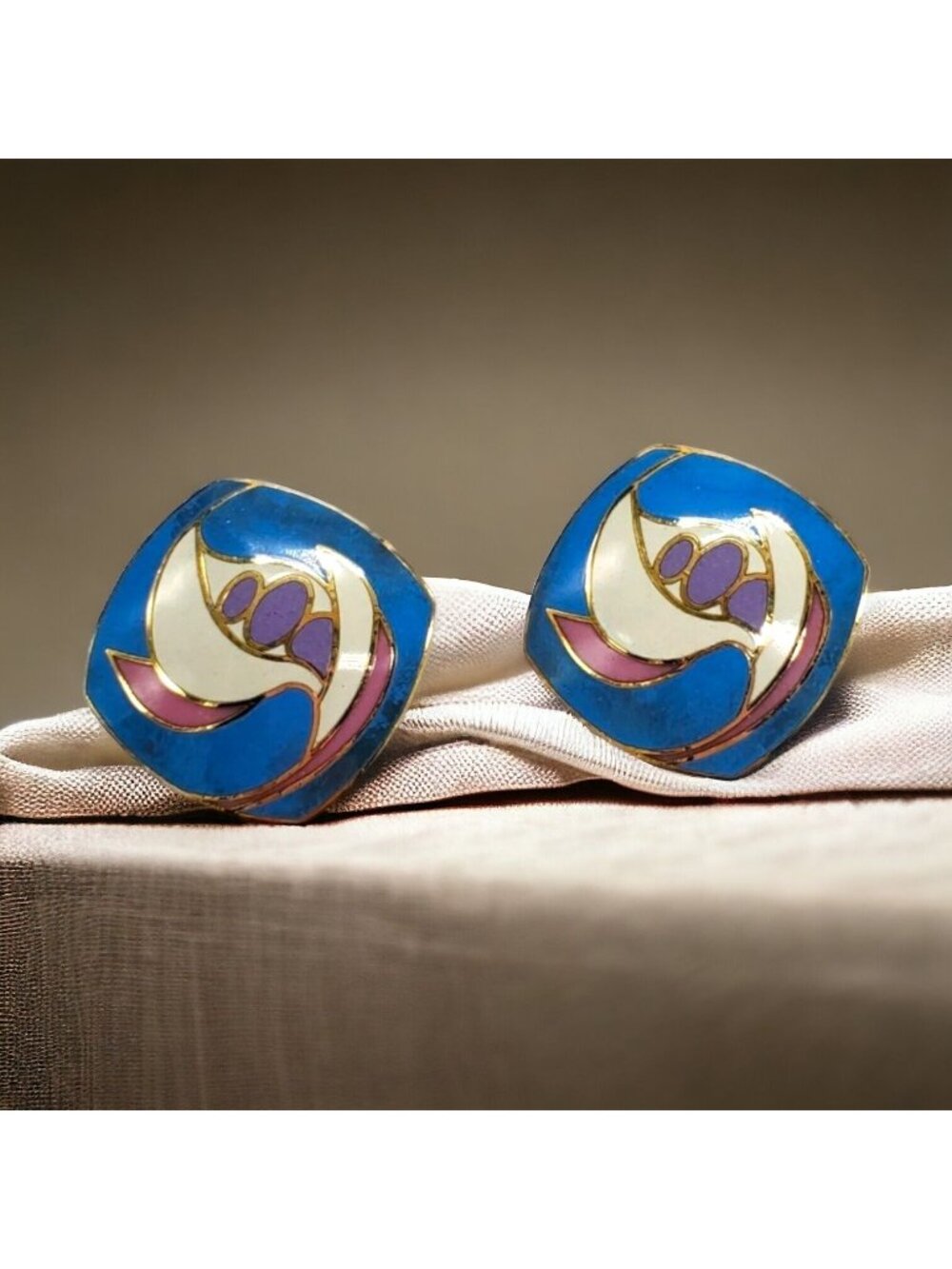 Vintage Cloisonné Gold-Tone Enamel Earrings With Abstract Floral Design Blue & P